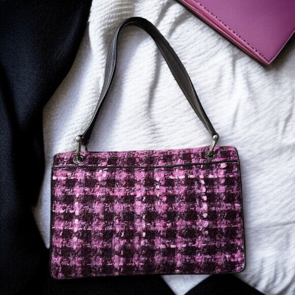 DONALD J PLINER Quilted Wool Pink Black Plaid Dark Brown Leather Shoulder Purse - Picture 3 of 6